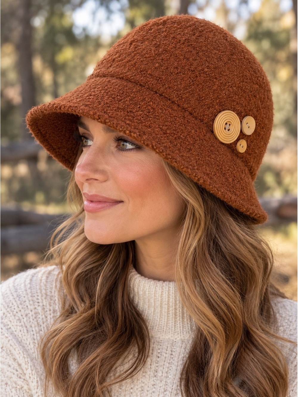 Orange Wool Cloche Hat with Three Decorative Buttons